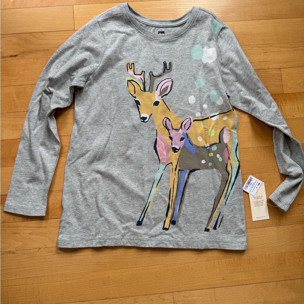 Tea Collection Girls' Gray Long-Sleeve Top with Colorful Deer Graphic